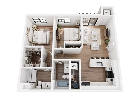 a stylized floor plan of a 1 bedroom192 sq ft house